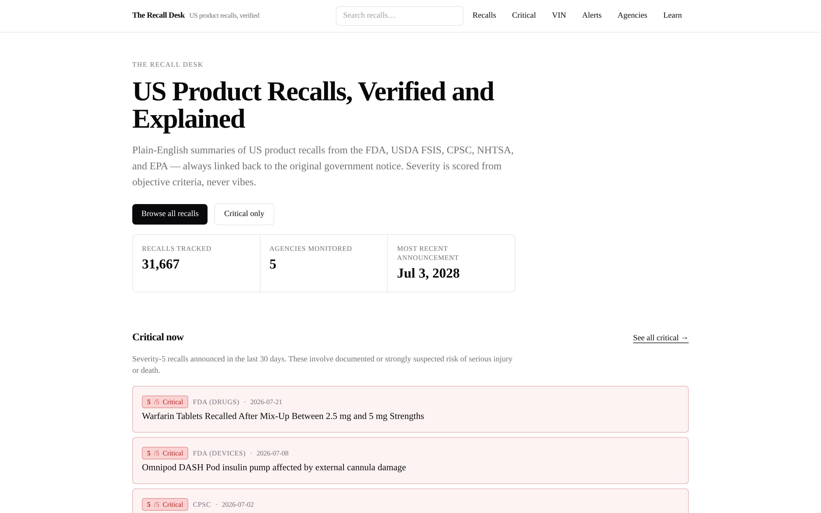 The The Recall Desk homepage